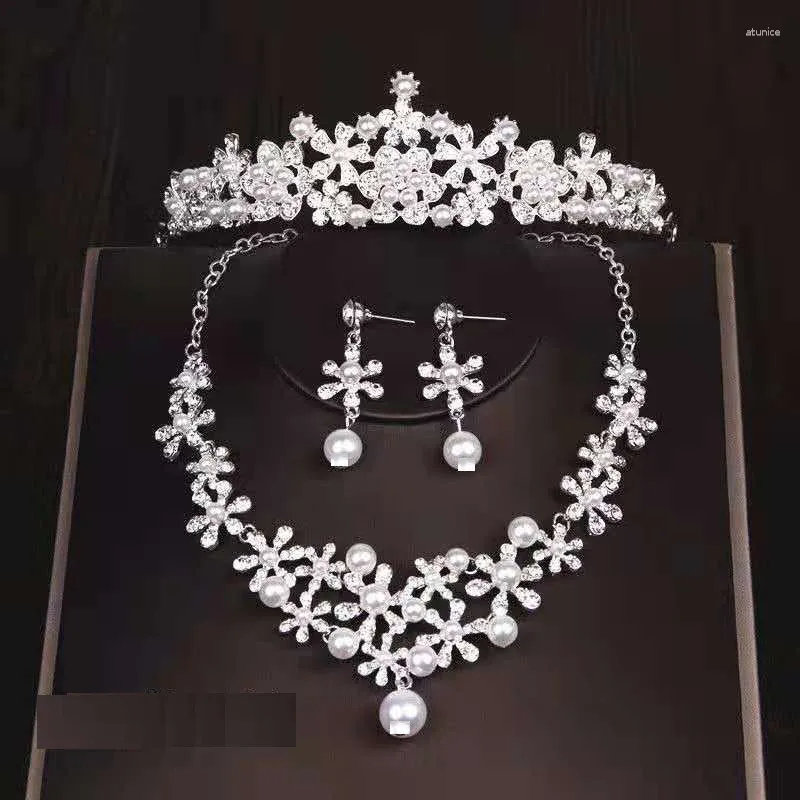 Conjunto de brincos de colar feminino floral strass com coroa de pérola joias de festa de noiva