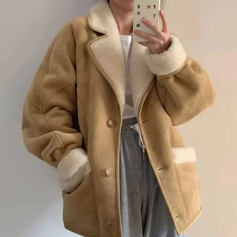 Women's Leather Faux Leather Fashion Lamb Wool Leather Jacket Women Elegant Lapel Thicken Warm Overcoat Chic Suede Short Coat Lambskin Outwear Clothing Tops J231227