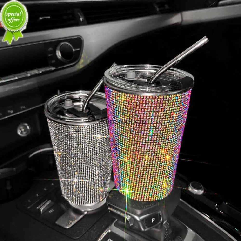 Neue Bling Diamond Slim Glitter Wasserflasche Edelstahl Kaffeetasse 500 ml Stroh Strass für Frauen Auto Büro Ornament Tasse