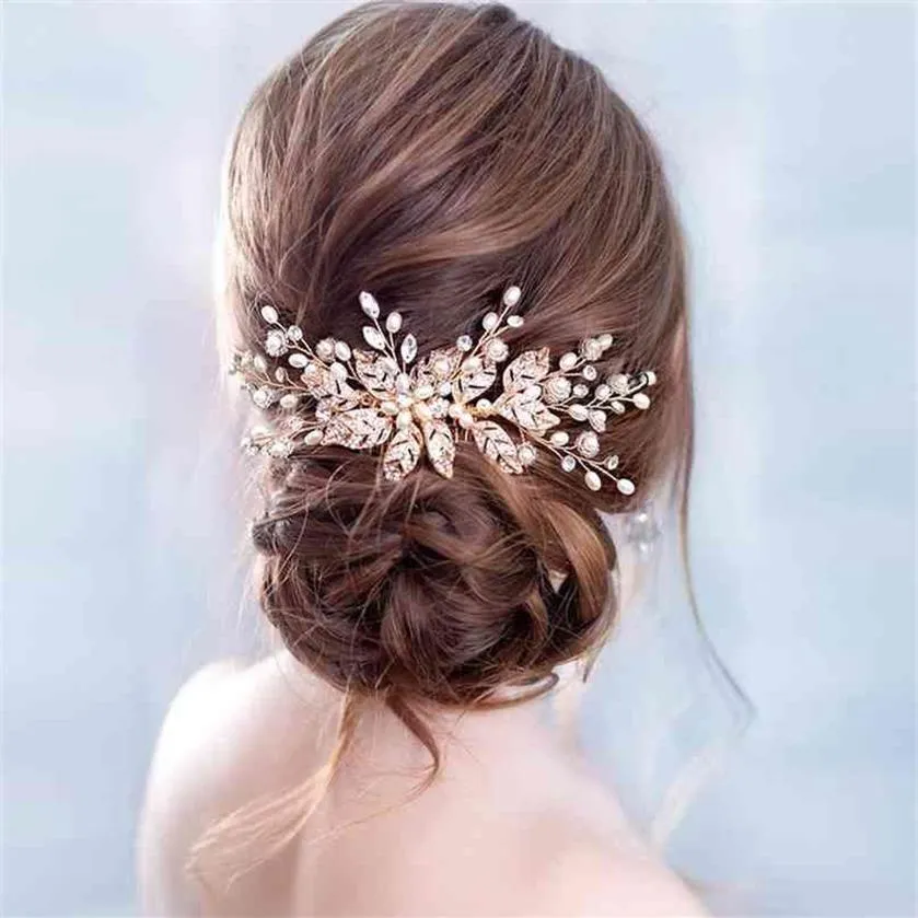 Trendy Leaf Pearl Rose Gold Wedding Hair Combs Tiara Bridal Headpiece Women Head Dekorativa smycken Tillbehör 210707199A