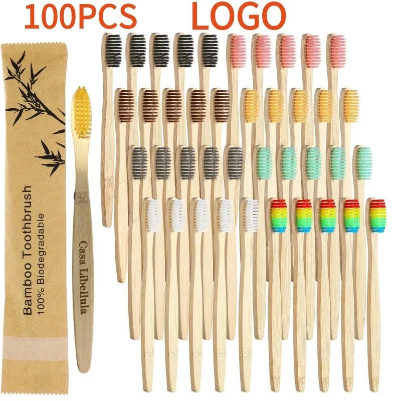 100 pezzi Biodegradable Eco-Friendly Natural Bamboo Charcoal Brushs Bristle da viaggio morbido Laser a sprofondamento a legna 231227 Laser 231227