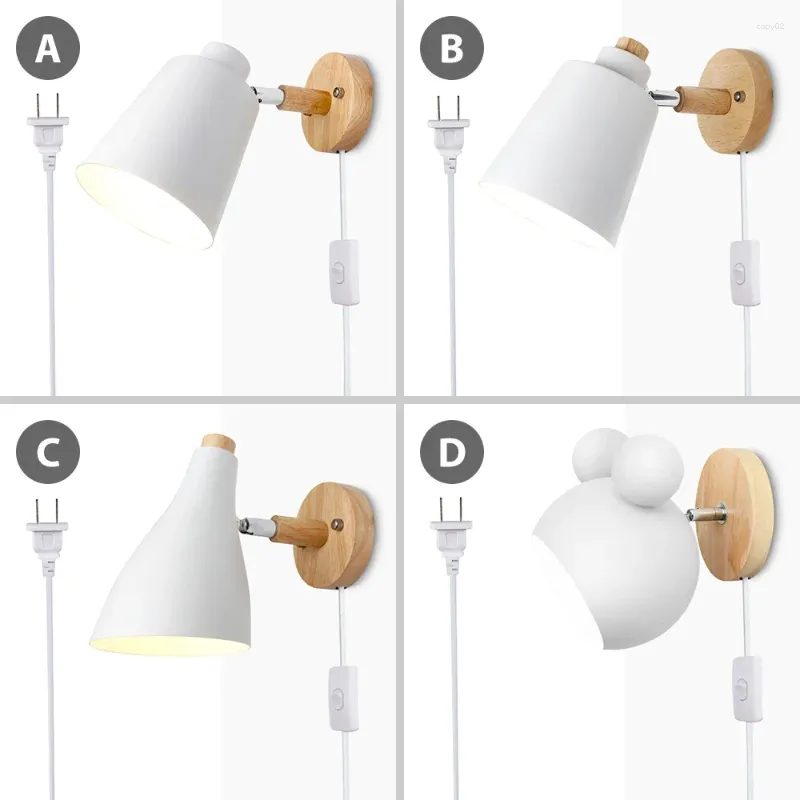 Vägglampa trä med plugg och 1,2 meter linjekabelknapp Switch Creative Bedside Light US/EU 10cm träbas