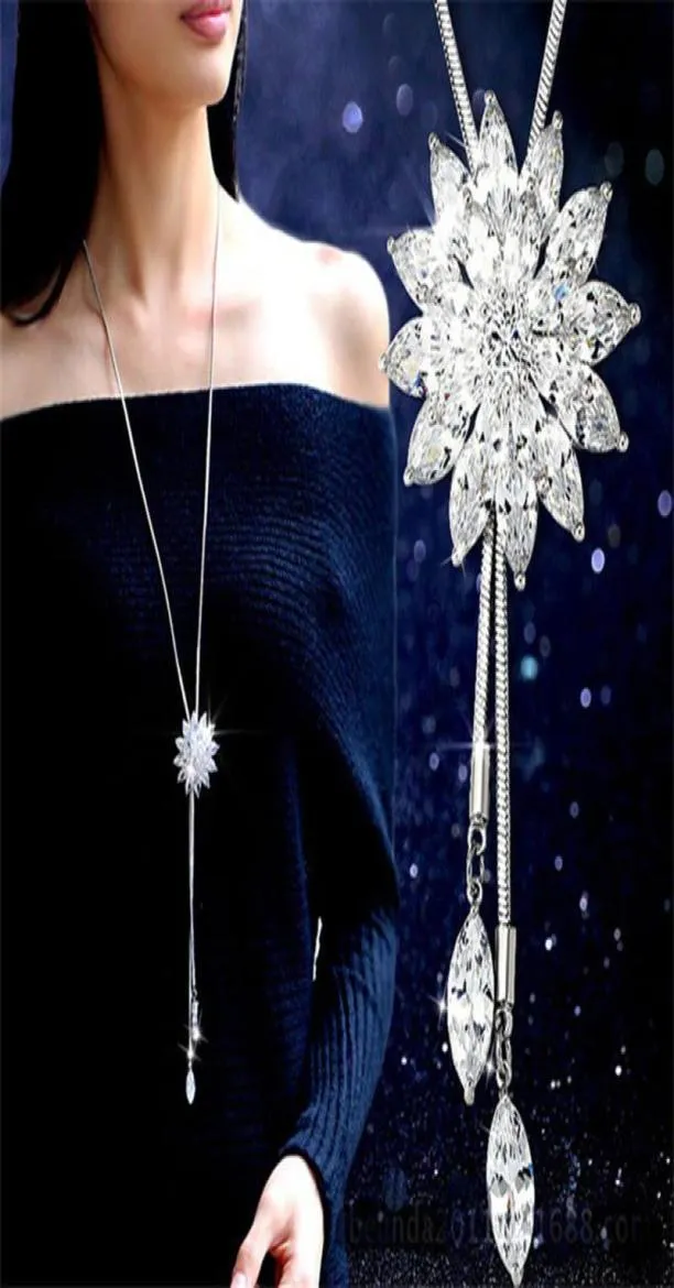 Zircon Snowflake Lång halsband tröja kedja Fashion Fine Metal Chain Crystal Rhinestone Flower Pendant Necklace6157879