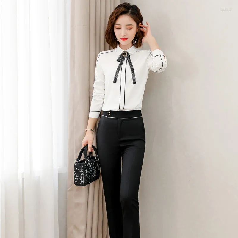 Women's Blouses 2023 Women White & Shirts With Necktie Long Sleeve Ladies 2 Piece Pant And Top Sets