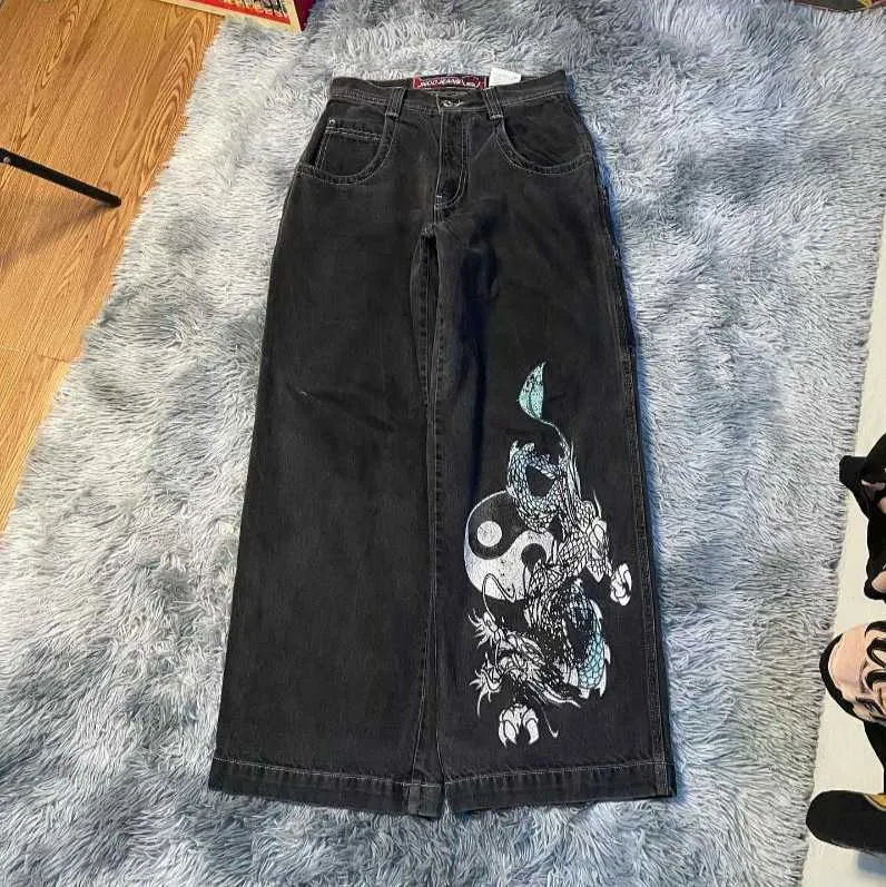 Streetwear Jnco Y2K Hip Hop Cartoon Graphic Print Vintage workowate czarne spodnie mężczyźni kobiety wysokie talia szerokie spodnie B4