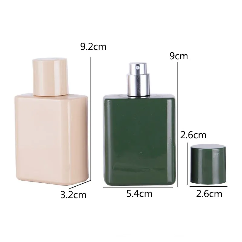 アトマイザー香水ボトル空の正方形の形状50mlピンク緑色の詰め替え可能なコンテナフレグランス化粧品包装ガラス宇宙霧ボトル