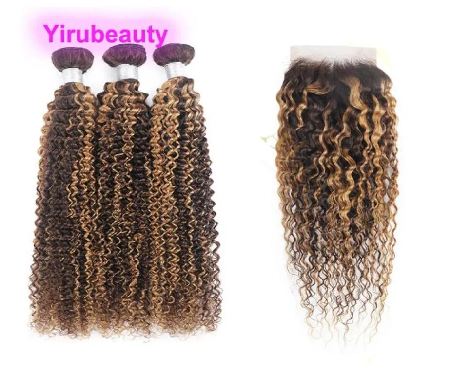 Human Hair Extensions P427 Piano Color 3 Bundles With 4X4 Lace Closure Kinky Curly 427 TwoTones Color Brazilian Peruvian Indian 9346379