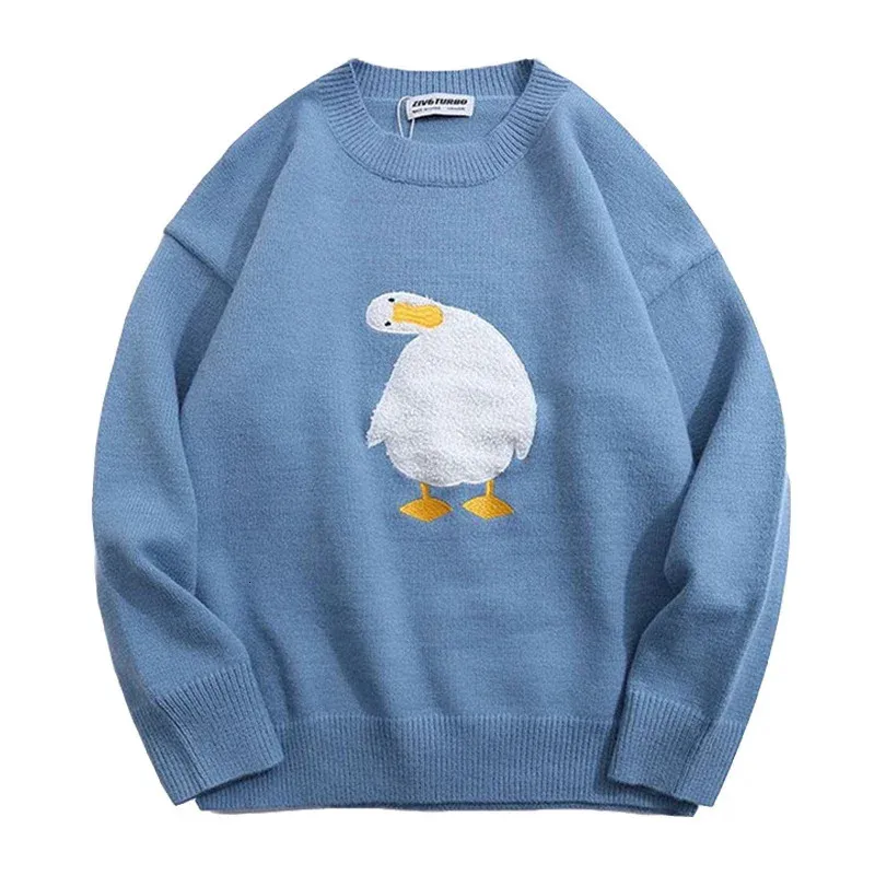 Harajuku överdimensionerad stickad tröja män tecknad anka gås broderi jumpers japanska mode o halsgatkläder par unisex 231226