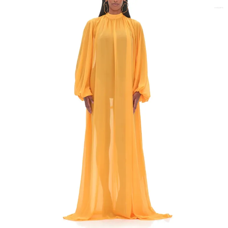 Casual klänningar elegant gul chiffong för kvinnor rund hals full ärm hög midja golvlängd mode dam födelsedagsfest klänning