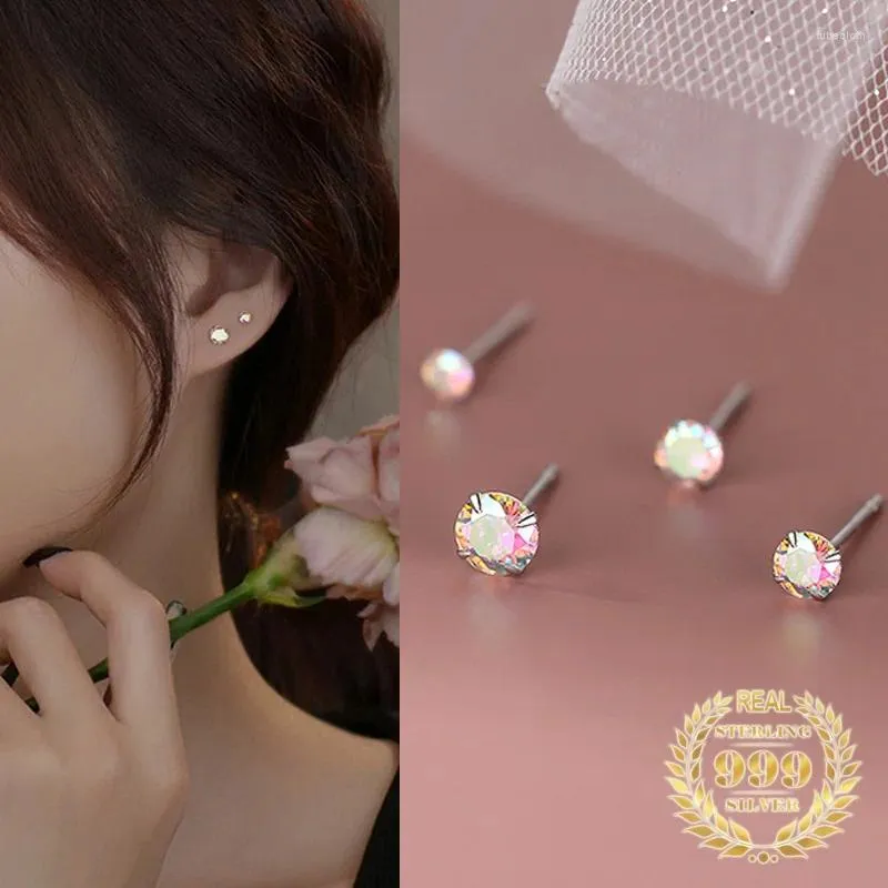 Studörhängen 3-5mm koreanska S999 Sterling Silver Round Colorful Zircon for Women Dischwork Spänne Luxury Summer Jewelry Trend