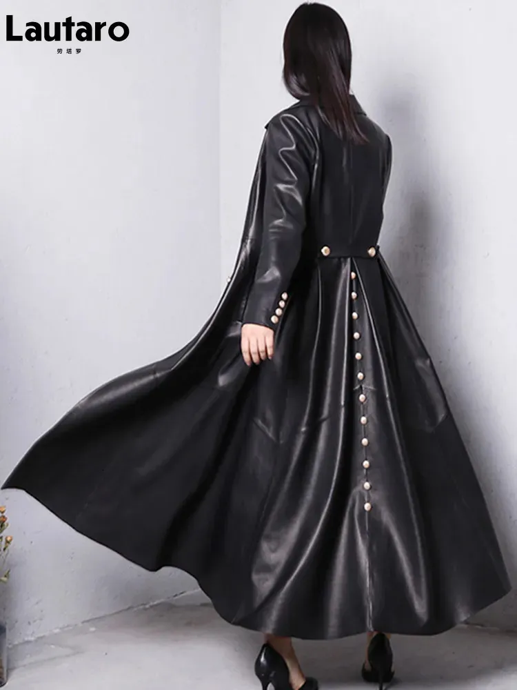 Lautaro Autumn Long Skirted Red Black Faux Leather Trench Coat for Women Double Breasted Elegant Luxury Fashion 4xl 5xl 6xl 7xl 231226