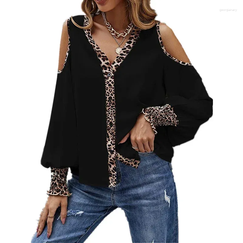 Frauenblusen Herbst Off Schulter V-Ausschnitt Lose Fit Hemd Frauen Mode Leopard Patchwork Büro Lady Casual Long Sleeve Work Tops