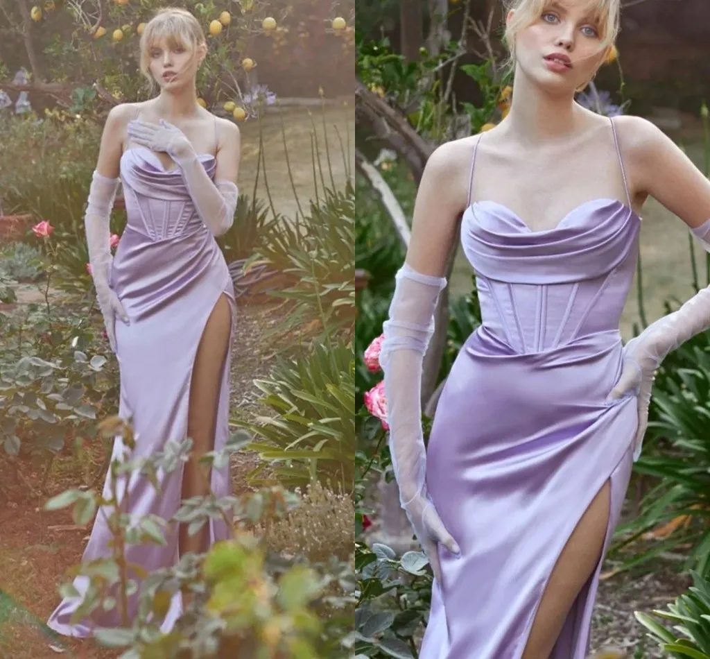 Sexy Lavender Long Evening Dress 2024 Side High Split Spaghetti Strap Satin Mermaid Formal Party Prom Gowns Vestidos De Fieast Robe De Soiree