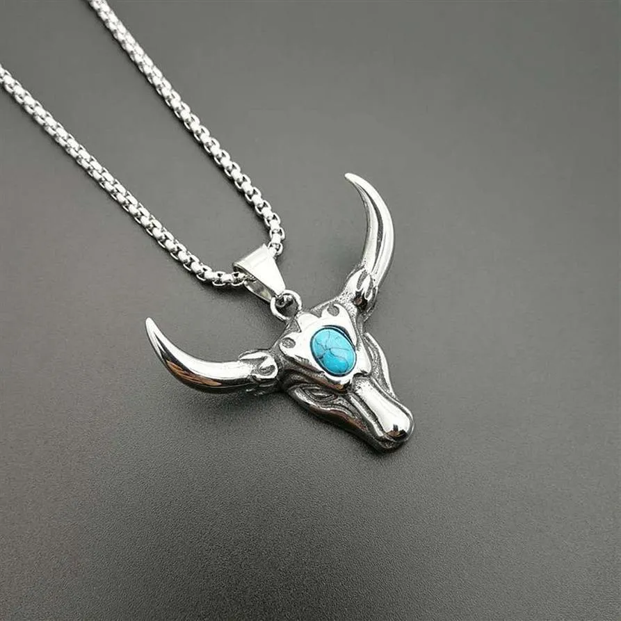 Pendant Necklaces Punk Retro Stainless Steel Turquoises Tau Bull Head Pendants For Men Rock Jewelry Drop2515