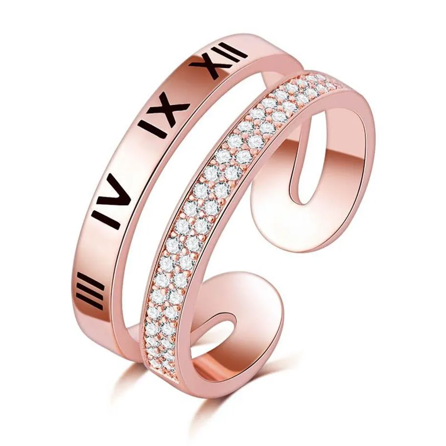 Bague de luxe en or rose 18 carats avec lettres romaines, diamant et Zircon, micro pavé pour femmes, anniversaire 245Z