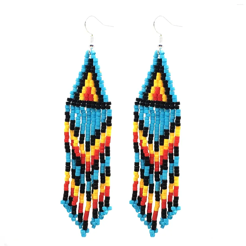 Dingle örhängen färgglada utsädespärlor för kvinnor långt triangulärt mönster Tassel pärlstav afrikansk inhemsk festival öron smycken