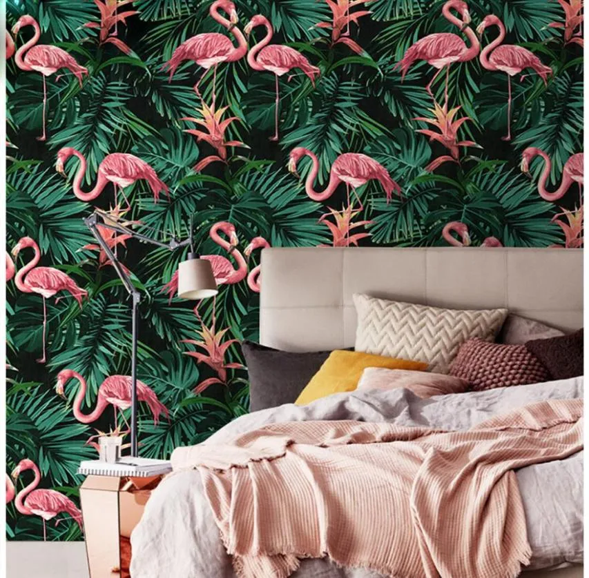 Moda planta verde rosa flamingo papel de parede ins fresco fundo de TV casa de aluguel sala de estar quarto de meninas decoração de festa fashion1482656