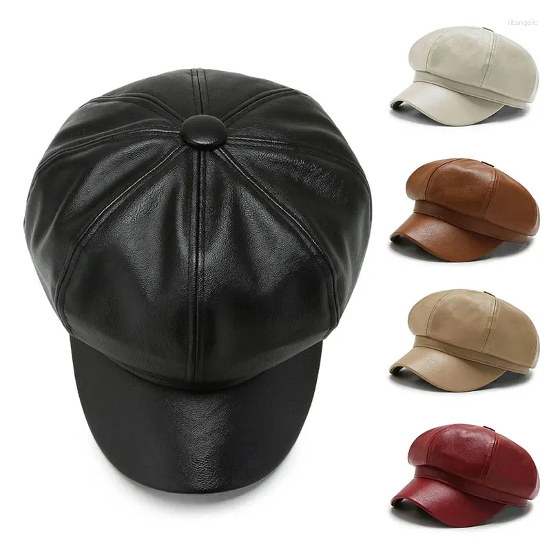 Czapki kulkowe jesienne zimowe czapki dla kobiet solidne gładkie ośmioboczne sboy cap men panie zwykły pu skórzany czapkę malarz beretowy