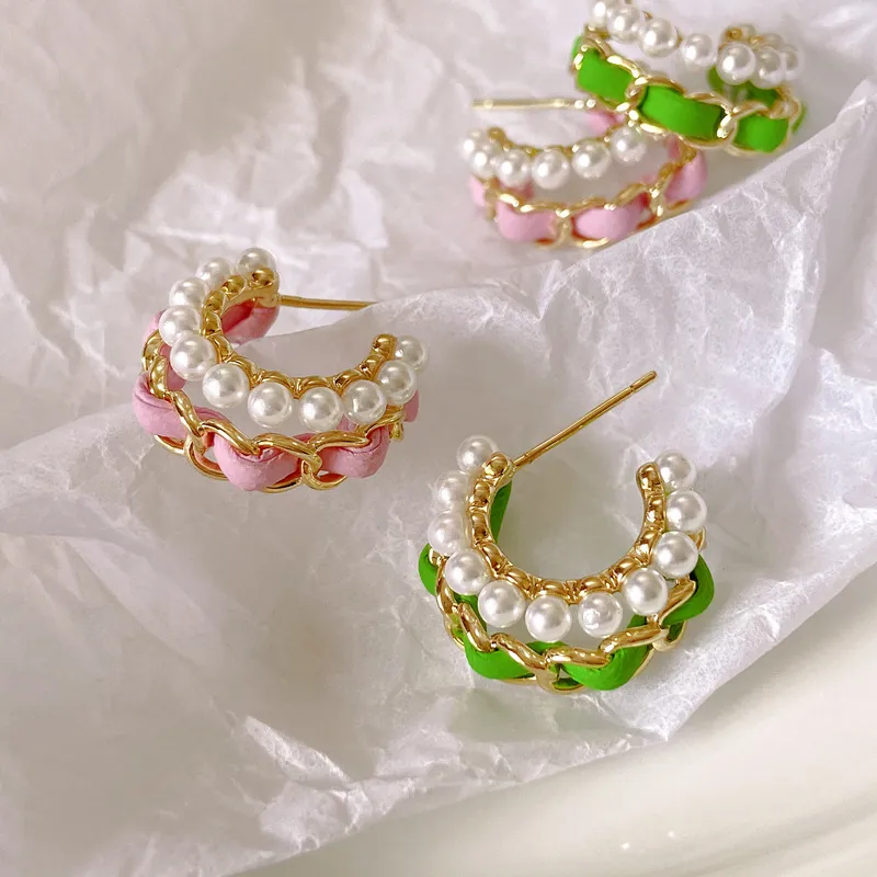 New designed Fashion luxurious pearl ear hoops Green pink chain women earrings micro inlaid diamonds Spring Summer jewelry A022