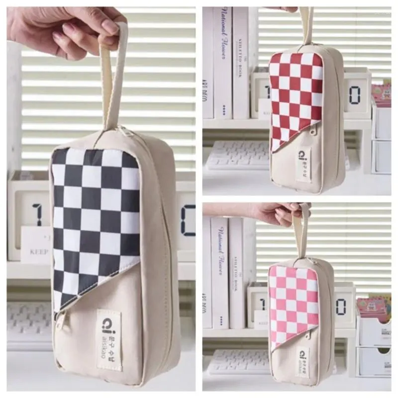 Multilayer Checkerboard Pattern Pen Bag Ins Multifunctional Lattice Pencil High Capacity Kawai Cases