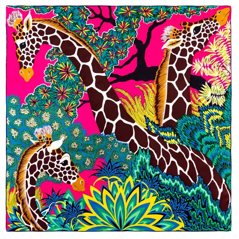 MANUALE POBING HAND Rolled Twill Silk Scarf Women Tre giraffe Scarpe quadrate Echarpes Foulards Femme Wrap Bandana Hijab 90cm 231227