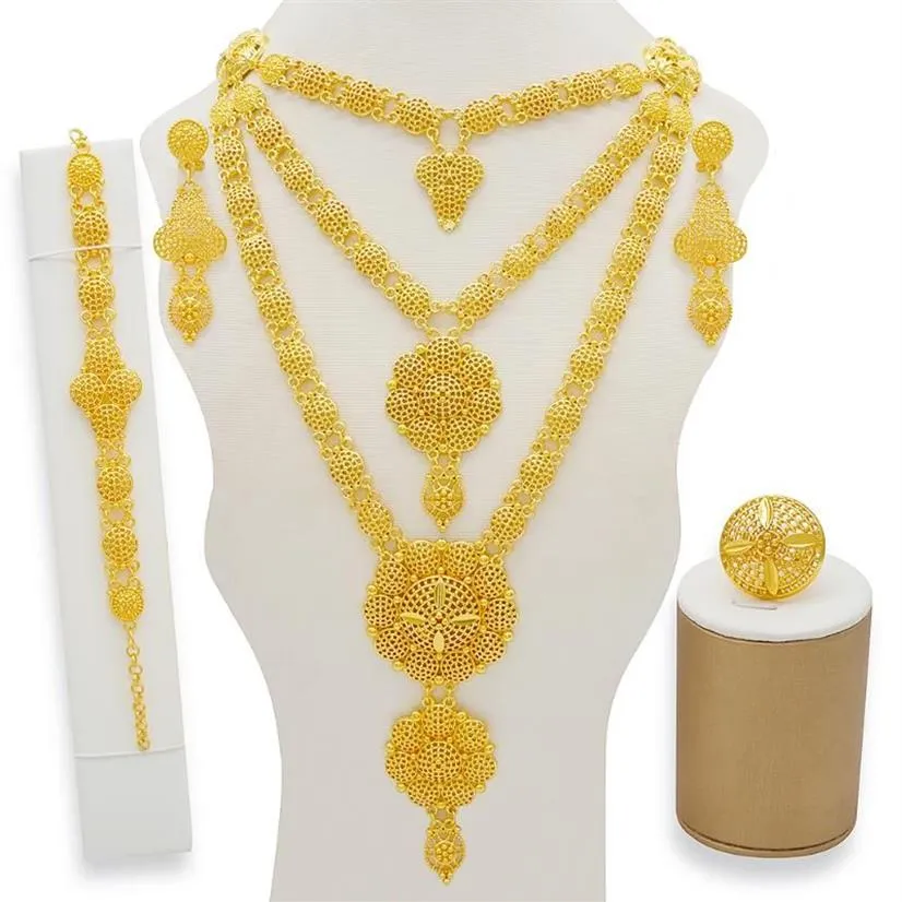 Ensembles de bijoux de Dubaï, collier et boucles d'oreilles en or pour femmes africaines, France, fête de mariage 24K, bijoux éthiopiens, cadeaux de mariée, boucles d'oreilles290d