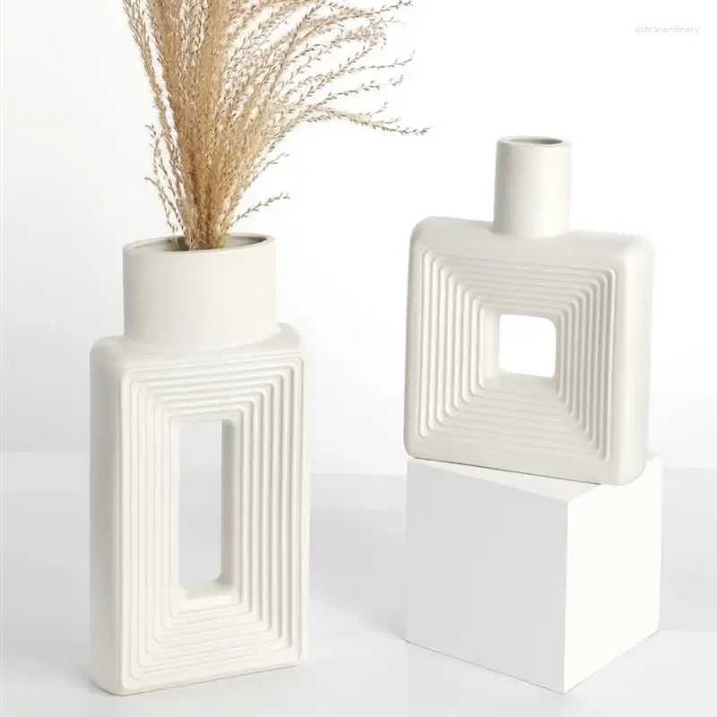 Vaser 2st White Ceramic Square Flower Modern Boho Decorative Minimalist Pampas for Living Room Decor