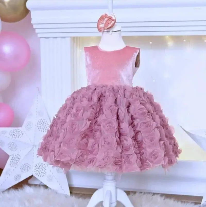 Flickaklänningar Puffy Dress Pink Rose Flower Cute Baby Kid Tutu Birthday Party Gown First Communion