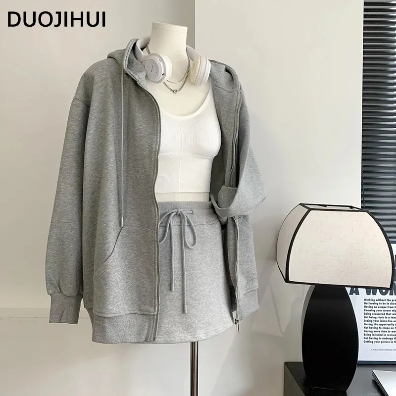 Duojihui İki Parçalı Gri Şık Kapüşonlu Gevşek Kadın Hoodies Sonbahar Moda Çizme Etek Düz Renk Fermuar Kadınlar 231226