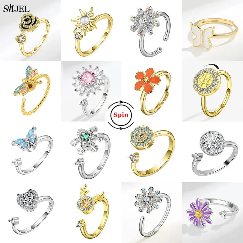 SMJEL Fidget Spinner Ring Anxiety for Women Multiple Crystal Flower Eye Butterfly Animal Rotate Anti Stress Wedding Jewerly 231227