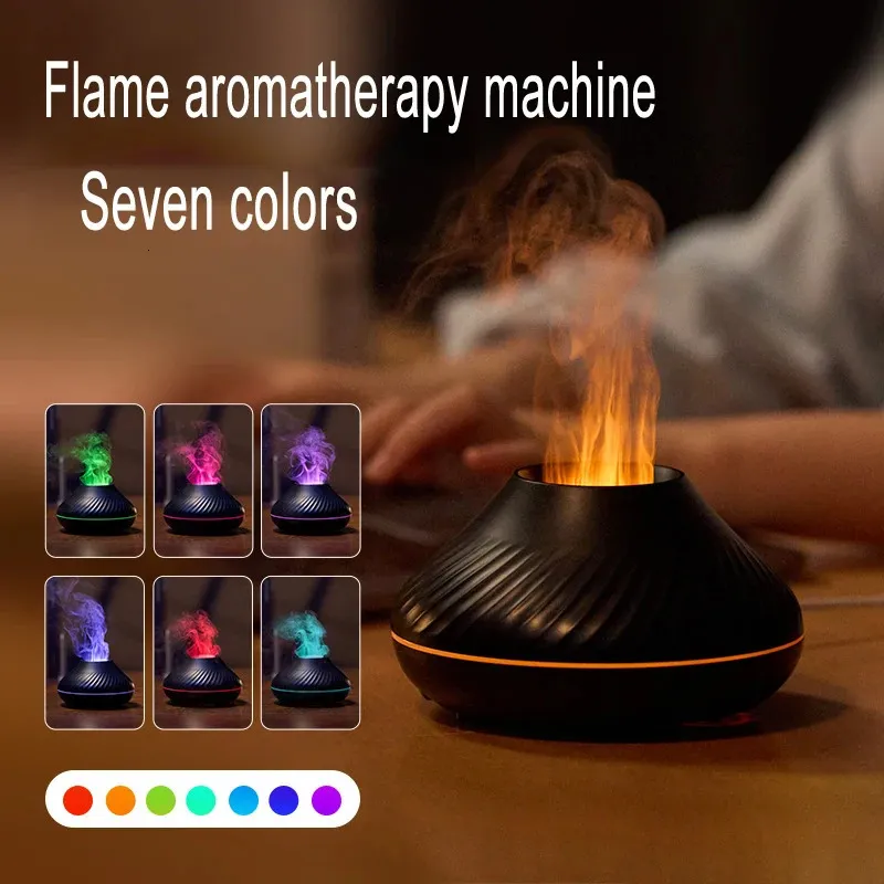 Humidificateur Volcan Simulation Flamme Aroma Diffuseur Huile Essentielle Lampe USB Humidificateur d'air sept couleurs machine de parfum de flamme 231226