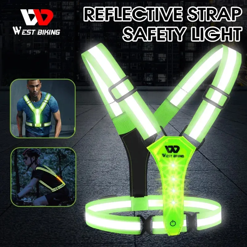 WEST BIKING Outdoor Sport Light Reflective Strap Vest Safe Running Warning USB Charging LED Night Chest Lamp Cycling Accessories 231227