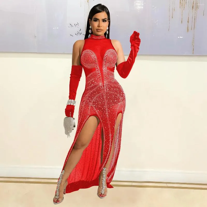 SKMY Red Sleeveless Diamond Red sparkly dress - Sexy Club Outfit for Women (No Gloves)