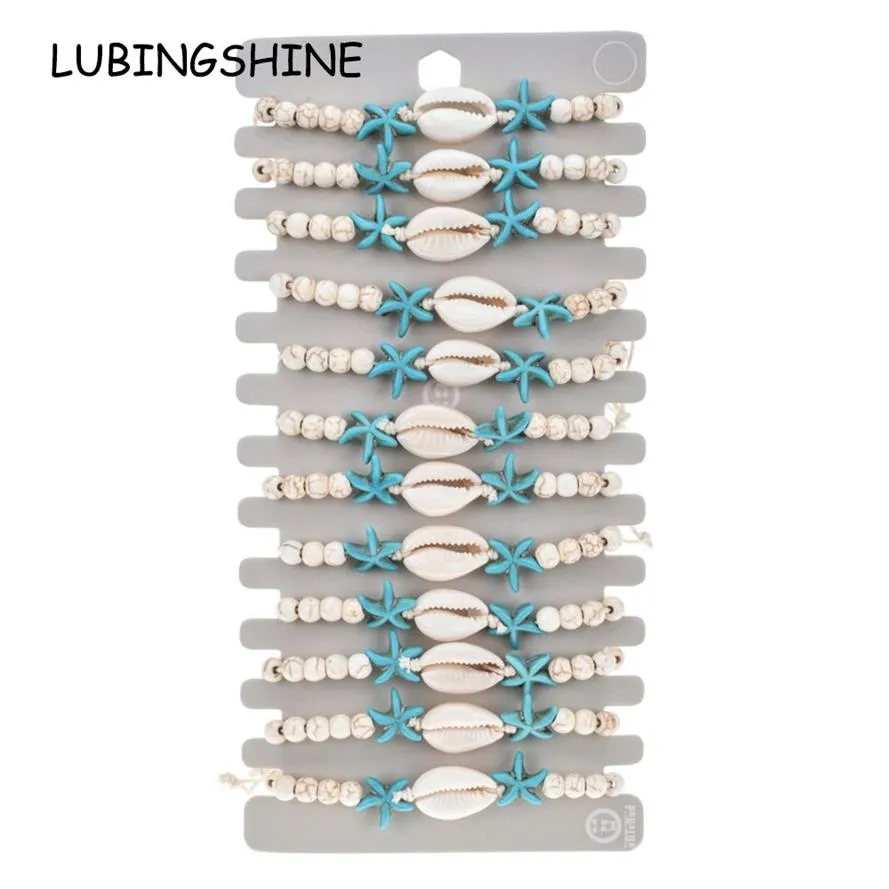 12pcs set Natural Stone Shell Starfish Charms Bracelet Bracelets Women Braided Adjustable Chain Anklets Wristband Jewelry237H