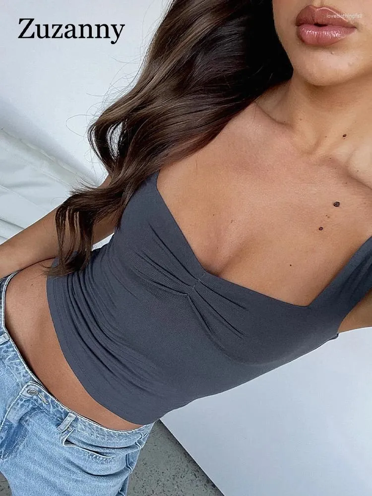 Women's Tanks Zuzanny Women Low Cut Sexy Ruched Tank Tops Love Neck Sleeveless Crop Top Y2K Fashion Casual Basic Solid Slim Small Camis 2023