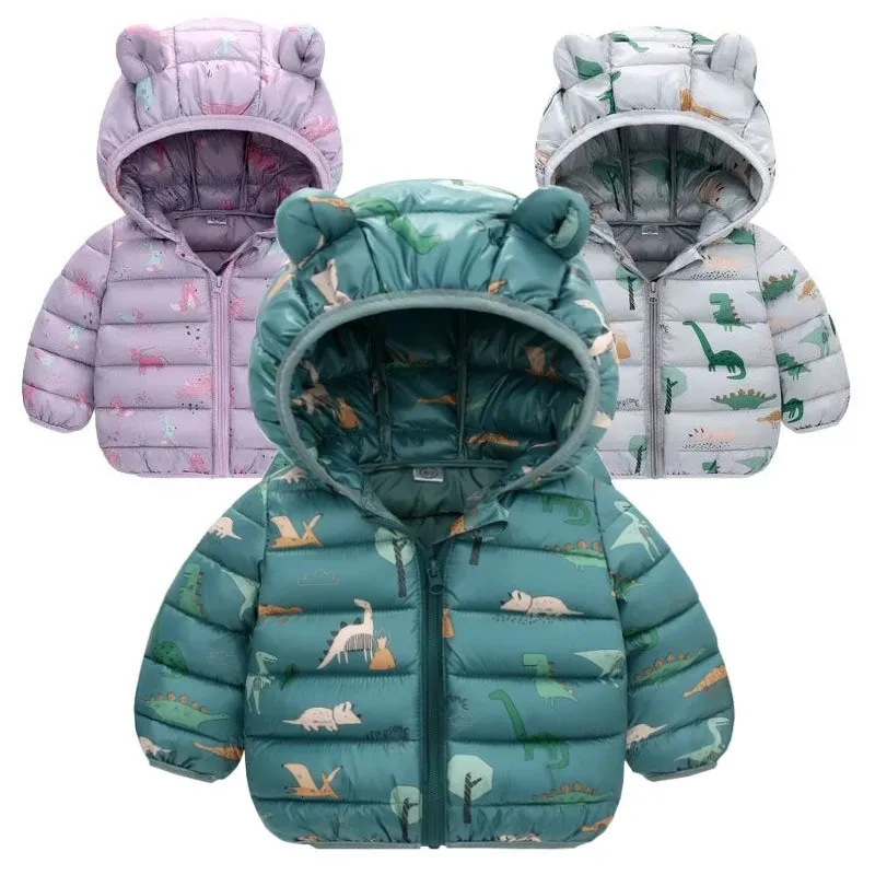 Kinder Jungen Baby Mit Kapuze Leichte Daunenjacken Warme Oberbekleidung Herbst Kinder Mädchen Mäntel Cartoon Dinosaurier Druck Casual Kleidung 231226