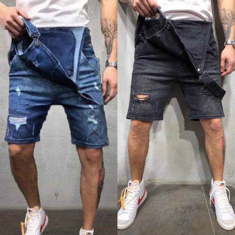 Macacões masculinos baggy jeans shorts macacões homens shorts roupas de verão rua angustiado denim bib macacão homem calças plus size 231227