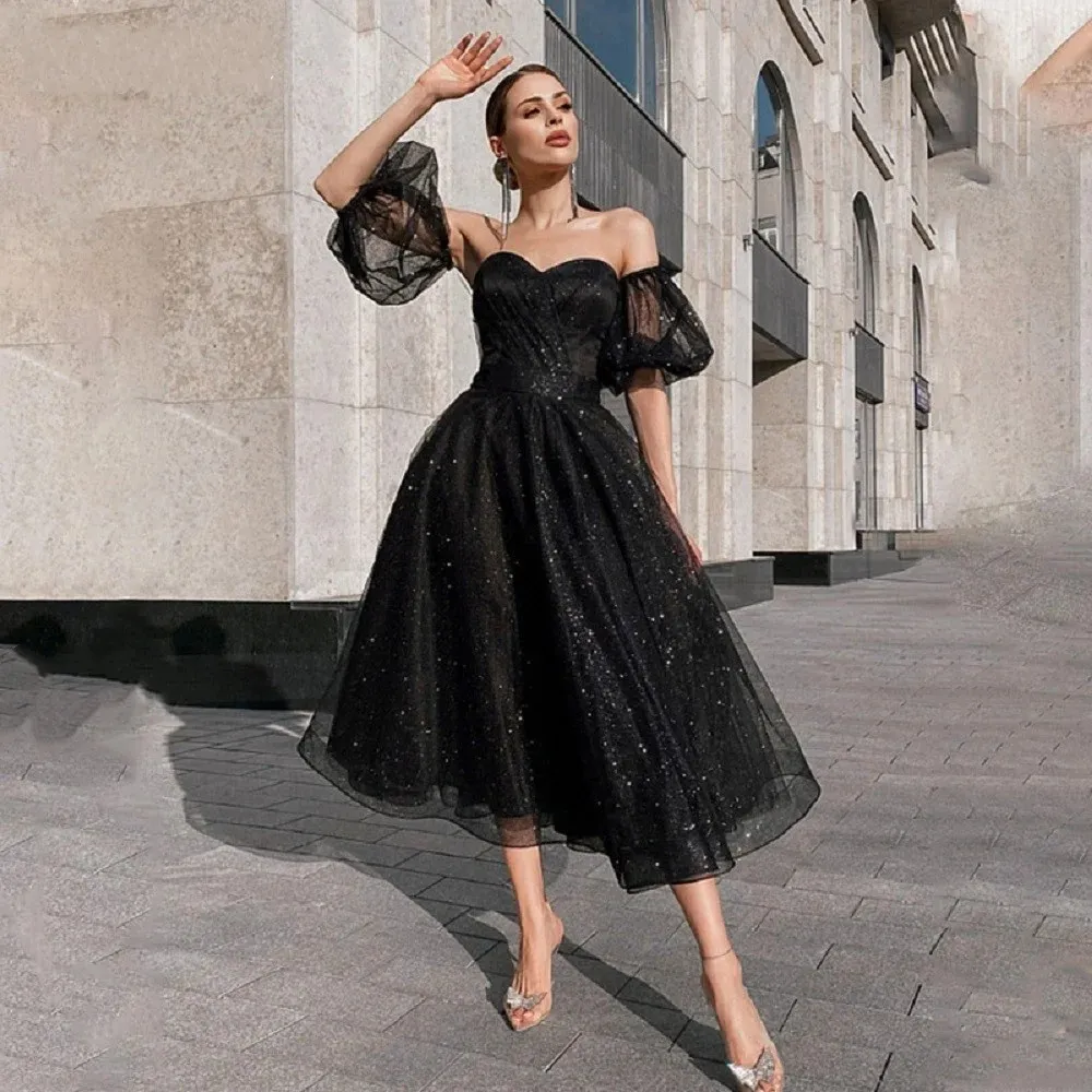 Prom Black Short Puffy Dress Short Black Sparkly Puffy Sleeve