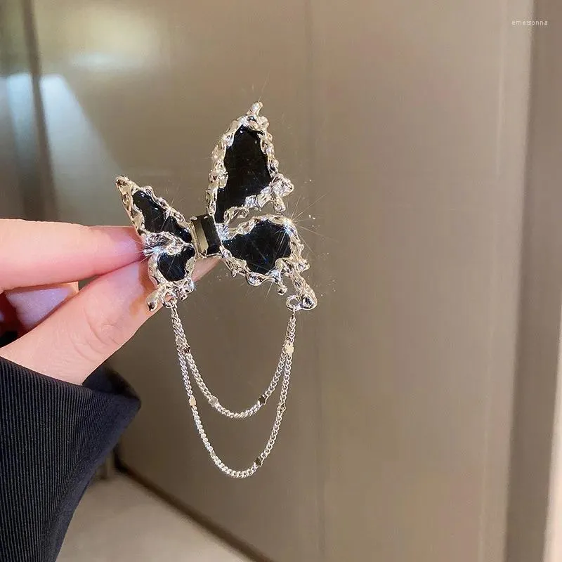 Brosches Korean Black Butterlfy Chain Tassel For Women Costume Accessories Pin Brosch Party Jewelry