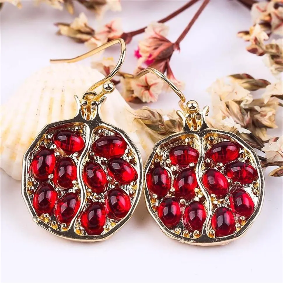 Dangle lustre Vintage frais rouge pierre goutte boucle d'oreille intéressant grenade en forme d'or couleur boucles d'oreilles ensemble de bijoux pour les femmes 241N