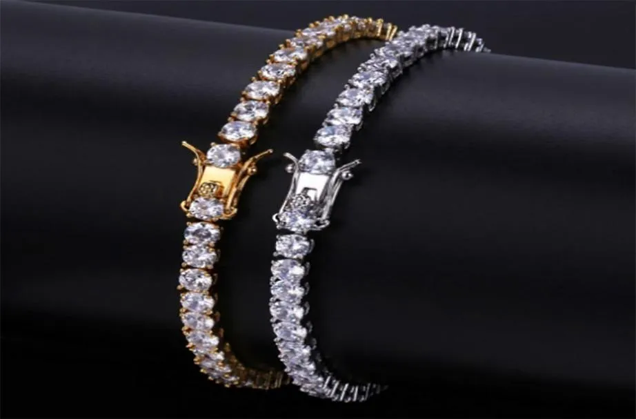 4 mm 6 mm Men039 Iced Out Cumbic Zirconia Bling Bling 1 Row Tennis Bracelet Hip Hop CZ Diamants Simulats Shine Triple Lock Clasp6223278