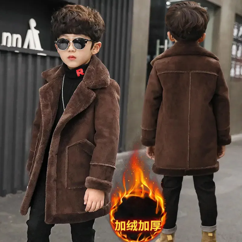 Kids Boy en Jacket Coats 품질 가을 겨울 플러스 벨벳 두껍게 어린이 소년 겉옷 2 색 3 4 6 8 10 12 14y 231227