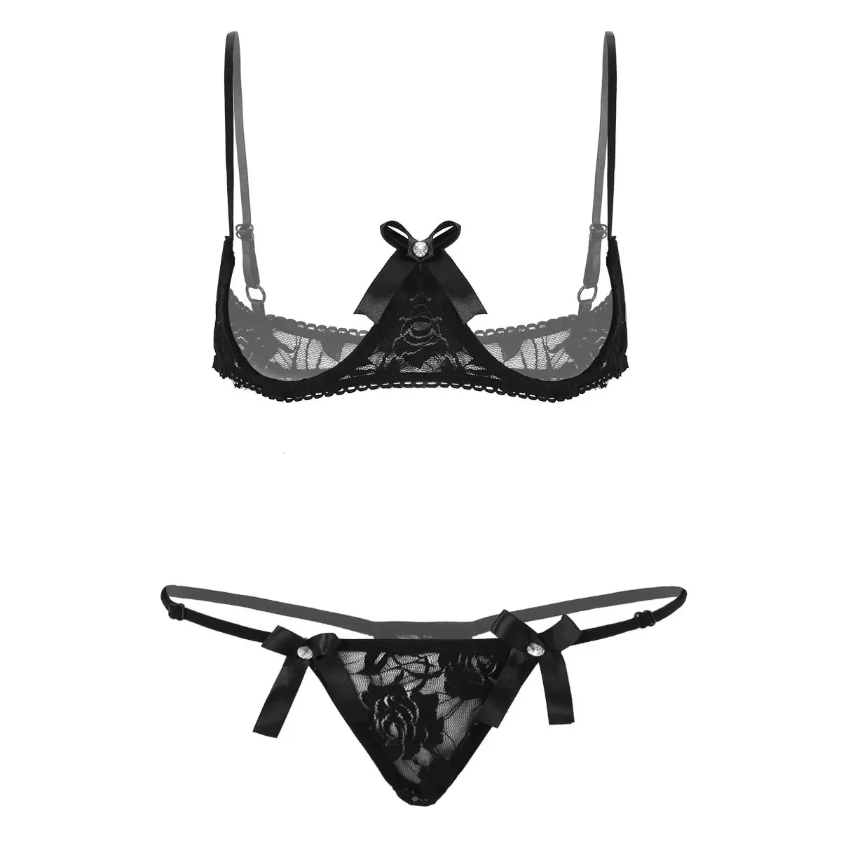 Women Open Cup Bra Top Sexy Cupless Exposed Breasts Underwired Bra with G-string See Through Sheer Lace Sexy Exotic Lingerie Set 231226
