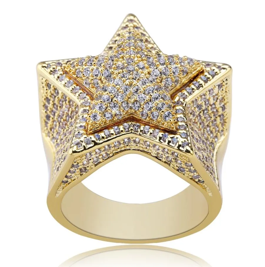Hip Hop cinq étoiles anneaux Men039s or argent couleur glacé cubique Zircon bijoux anneau cadeaux 8120645
