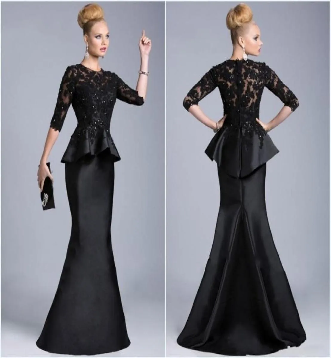 2019 New Black Evening Gowns Sheer Crew High Neck Half Long Sleeves Appliques 레이스 비즈 PEPLUM SHEATH 형식 드레스 FOR5220646