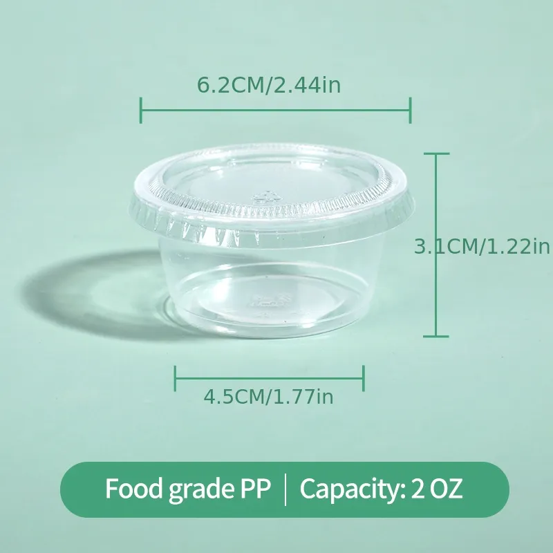 2OZ wegwerpkruidenbeker, geleibeker, plastic doos, verpakking met kleine capaciteit