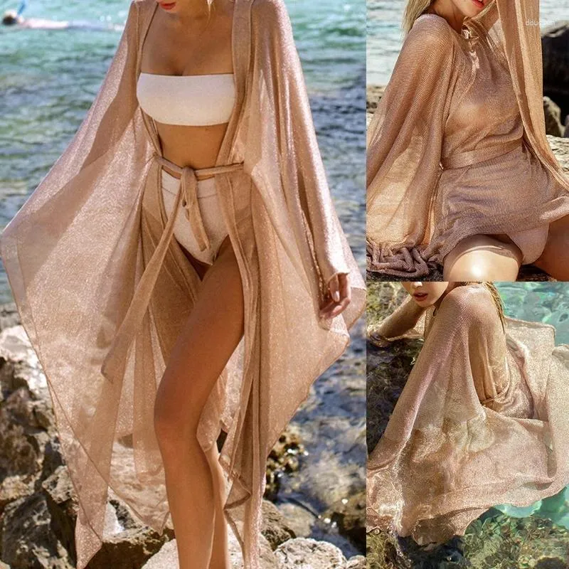 Kvinnors badkläder Kvinnor Summer Shiny Metallic Swimsuit Cover Up Open Front Tie Midja Sexig Sheer Kimono Cardigan Beach Maxi Dress