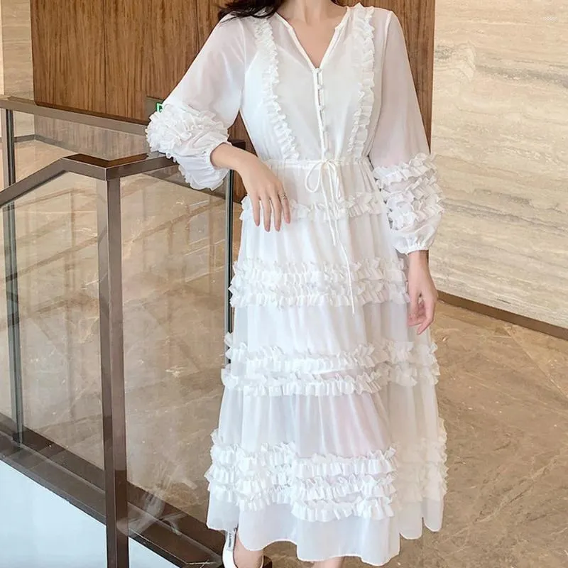 Günlük elbiseler işlemeli v yaka uzun kollu dantel maxi kadınlar için Kore moda giyim zarif vintage lüks vestido de mujer 2023