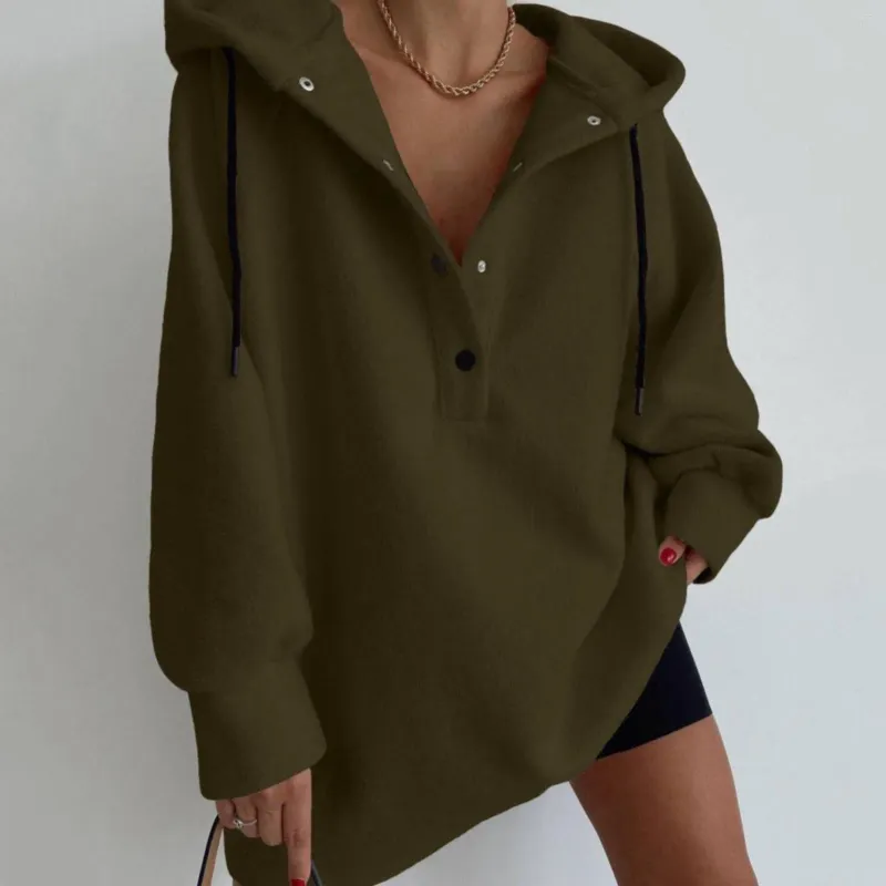 Kvinnors hoodies dragknapp Knapp Lång ärm Solid Color Pullover Hoodie Loose Casual Sweatshirt Top Dress Women