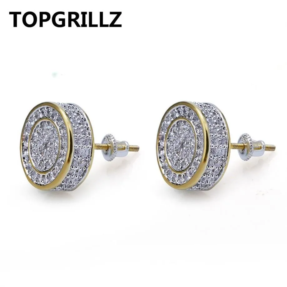 TOPGRILLZ Gold Silver Color Iced Out Cubic Zircon Round Stud Earring With Screw Back Buckle Men Women Hip Hop Jewelry Gifts2680